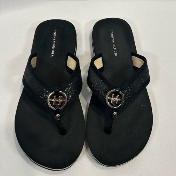 Tommy Hilfiger Shoes - Tommy Hilfiger Black Glitter & Gold Flip Flop Women's Size 7.5 (measures 9.5")
